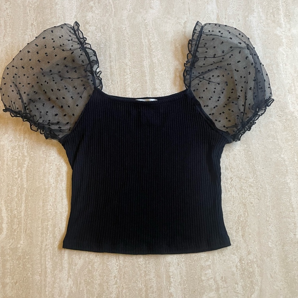 Altar’d State Black Sheer Dotted Puff Sleeve Cropped Blouse - Size S
